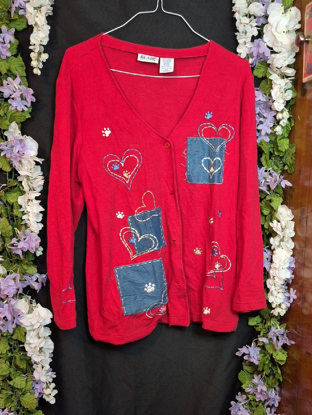 Blair Red Cardigan with Blue Patchwork Hearts